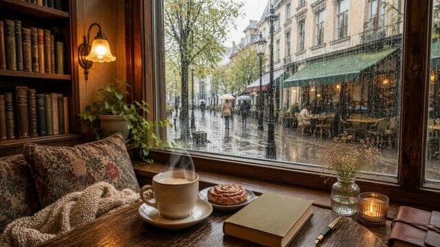 Cozy Rainy Cafe Interior with Coffee and Warm Lighting by City Street Window