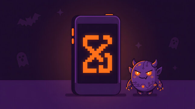 Malware virus character standing by a hacked smartphone with glowing orange pixelated symbol