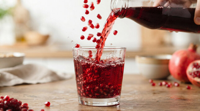 Pomegranate Juice Pouring into Glass with Seeds