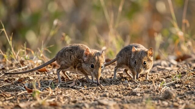 two elephant shrews searching for food in serengeti at soft morning light video