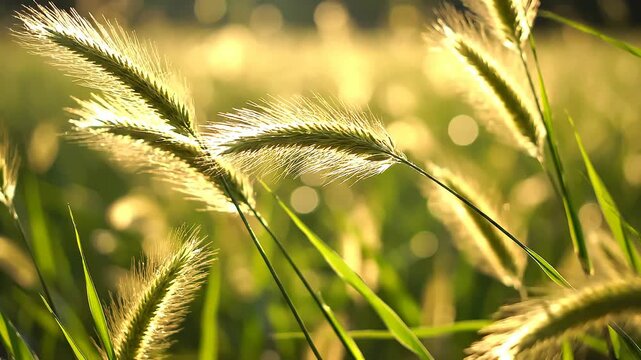Wild grass stalks glow beautifully in the warm golden light of a late afternoon sun shining across a peaceful summer meadow.
