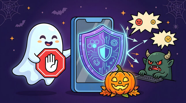 Halloween cybersecurity illustration of ghost guarding phone with shield from monster hacker