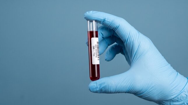 Transparent laboratory test tube containing a blood sample held by a gloved medical professional, isolated against a modern blue background, concept of blood testing, cholesterol measurement