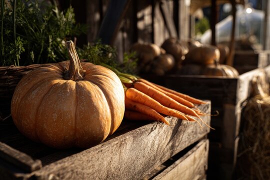 Pumpkin and carrots displayed on rustic wooden crates in farm setting. Background includes more pumpkins and greenery under natural sunlight. Fresh and vibrant autumn harvest