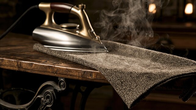 Tweed fabric being ironed with steam rising above old table surface