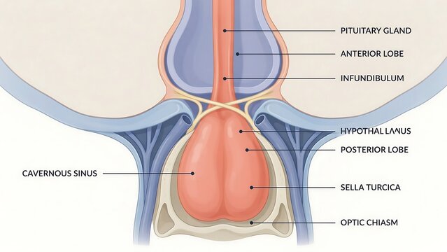 Anatomical diagram of human pituitary gland with labeled parts