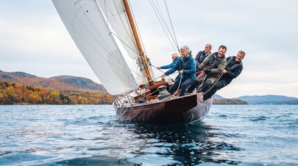 Obraz premium A group of five people is sailing on a wooden boat on a lake. The water reflects the colorful trees of autumn. The sky is cloudy and the hills are visible in the background.