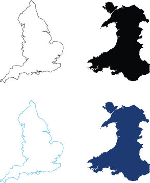 Set of england and wales country maps in outline and silhouette style