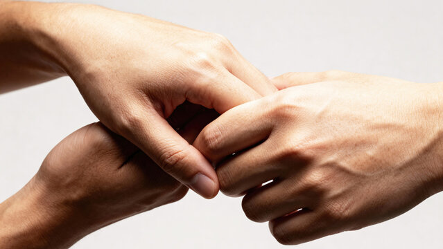 Two hands of different skin tones gently clasping each other against a neutral background, symbolizing unity and connection between diverse individuals. Physicality, tactility