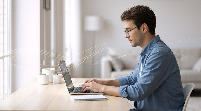 Young man vibe coding on laptop at home with abstract data flow. AI-assisted software development and programming concept