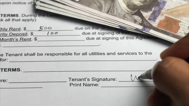 A close-up of hands signing a house rental agreement.