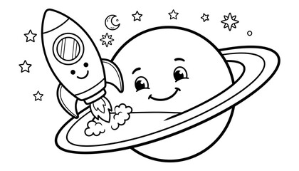 Cute cartoon rocket ship flying around a happy planet for a fun thanksgiving themed space coloring page activity © MdBarek