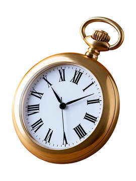 Classic gold pocket watch face showing eleven ten two o clock position isolated on transparent background PNG cutout