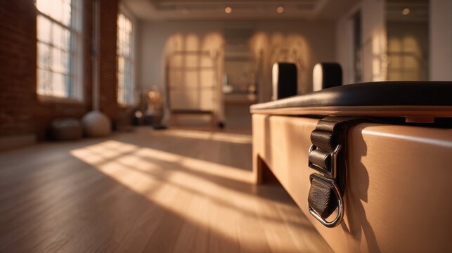 Pilates reformer emphasizes workout equipment in bright studio. Warm sunlight casts shadows across wooden floor. Soft atmosphere invites fitness enthusiasts to exercise