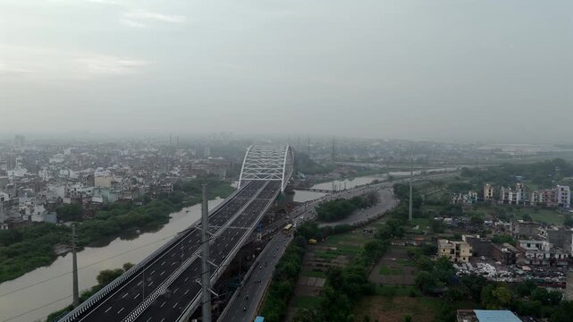 Aerial shot of Faridabad to Delhi highway, Newly Constructed highway road to Connect Sarai Kale Khan, Delhi to Faridabad, Haryana