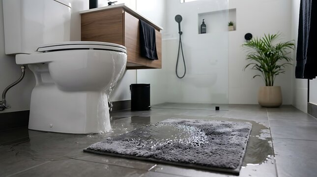 Clogged white ceramic toilet bowl overflowing water flooding onto modern bathroom floor tiles and soaking grey bath mat caused by plumbing leak home emergency.
