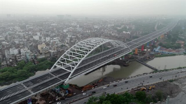 Aerial shot of Faridabad to Delhi highway, Newly Constructed highway road to Connect Sarai Kale Khan, Delhi to Faridabad, Haryana