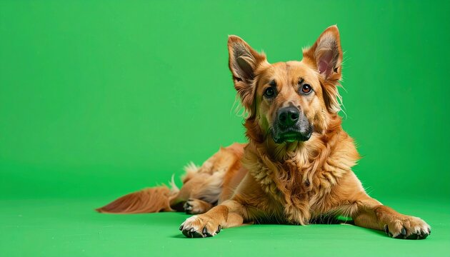 Majestic German Shepherd Mix Lying Down on Green Background.