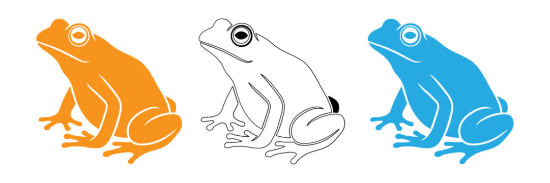 Colorful frog illustrations in orange white and blue isolated on white background