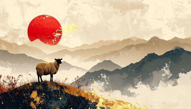 New Year illustration of a sheep on a golden ridge with red sun and layered mountains