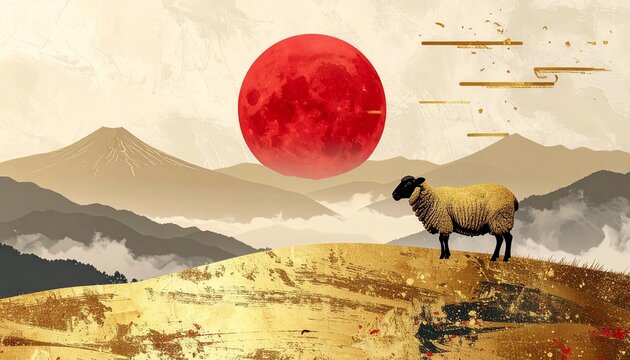Japanese New Year scene with a sheep on golden hills, red sun and Mount Fuji