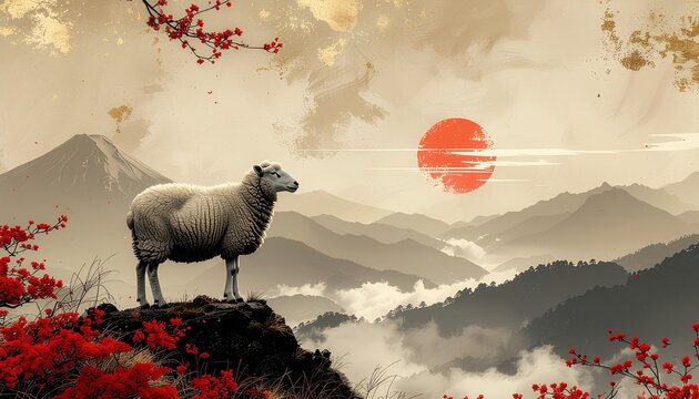 Japanese New Year artwork of a sheep on a hill with red sun and plum blossoms