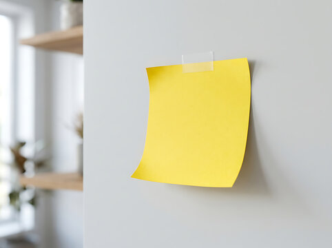 Yellow sticky note taped to a wall in a home office