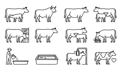 Dairy Farm and Cow Breeding Line Icon Set with Cattle, Calves, Milking Equipment, Feeding Troughs, and Livestock Management Graphic Design Elements © Abdul