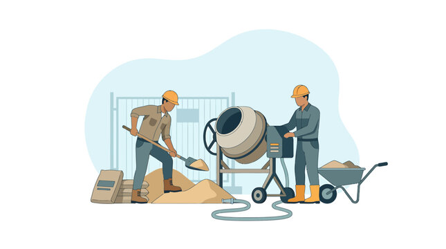 Construction Workers Operating a Cement Mixer Vector Illustration