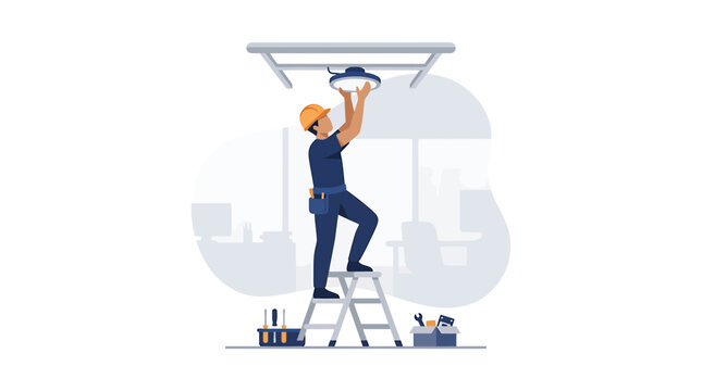 Electrician Installing Office Ceiling Light Fixture on a Ladder