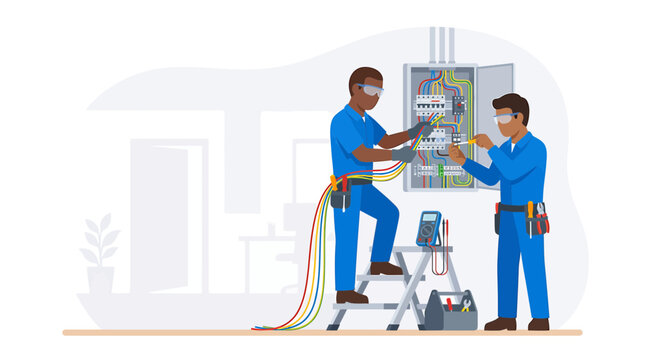 Electrician Professionals Installing Electrical Wiring in a Circuit Breaker Panel