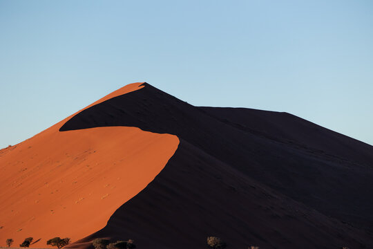 Namib Desert red sand dune at Sossusvlei contrasting light and shadow
