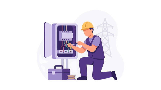 Electrician Repairing Electrical Distribution Box Flat Vector Concept