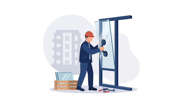 Glazier Installing Glass Window Panel in Modern Building Construction