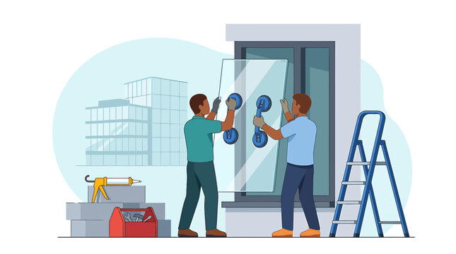 Glaziers Installing Modern Glass Window Pane in Professional Setting