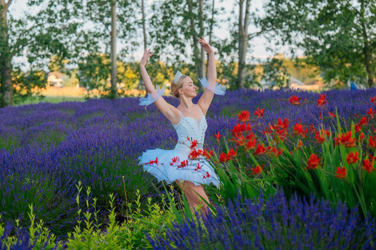 Ballerina dancing gracefully in a lavender flower field in WA, USA