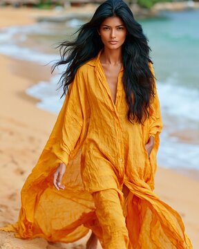 Woman strides barefoot on sunlit beach. Windswept hair dances with ocean breeze. Flowing yellow garment billows behind her. She gazes directly, calm and confident. Ideal for travel, lifestyle