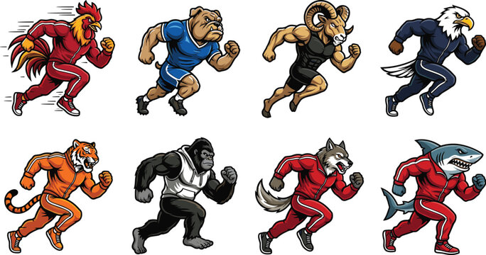 "Colorful vector illustrations of anthropomorphic animal athletes running in sports tracksuits with strength and speed"