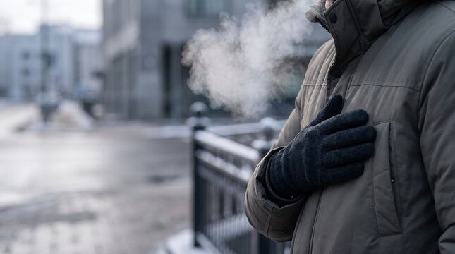 Person exhaling visible breath in cold winter weather wearing a warm jacket and gloves