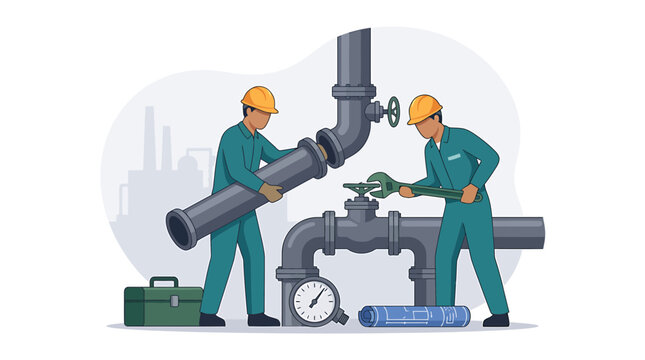 Plumbers Repairing Industrial Pipes in a Manufacturing Facility