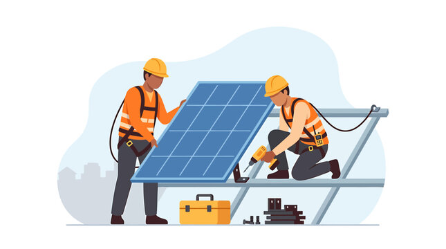 Solar Panel Installation Technicians Working on a Roof Construction