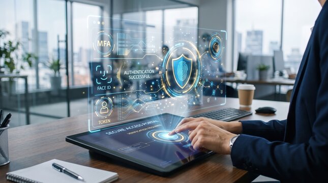 Cybersecurity showing secure access portal authentication on futuristic touchscreen tablet, multi-factor authentication mfa, face id recognition, fingerprint shield icon