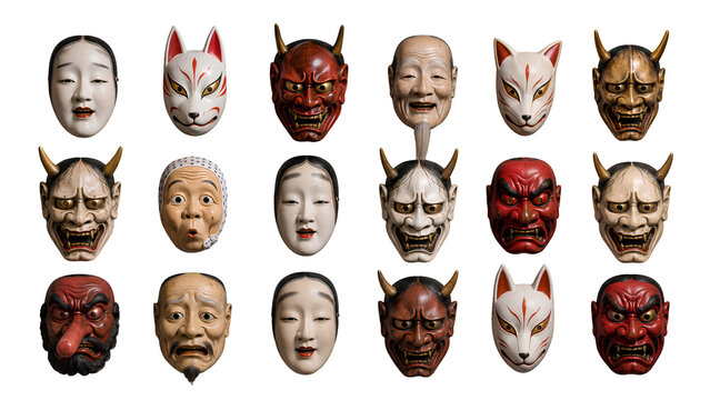 Collection of traditional Japanese theatre masks including Hannya, Kitsune, Noh, and Tengu isolated on white background