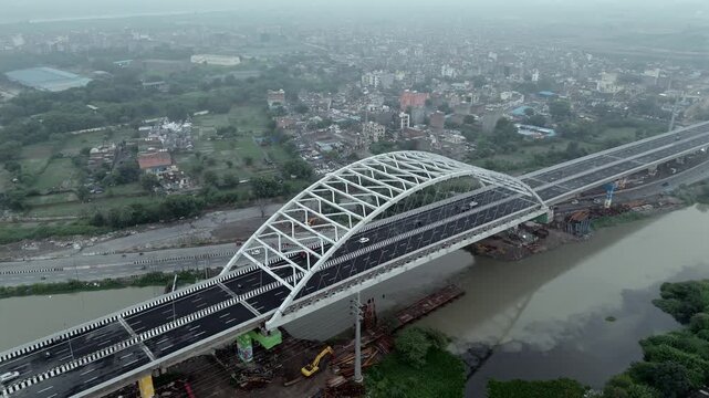 Aerial shot of Faridabad to Delhi highway, Newly Constructed highway road to Connect Sarai Kale Khan, Delhi to Faridabad, Haryana
