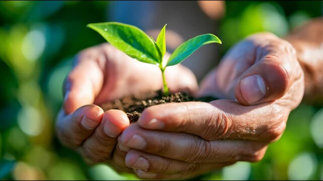Hands gently holding fertile soil with a young green seedling, symbolizing sustainability, environmental care, growth, conservation and a greener future