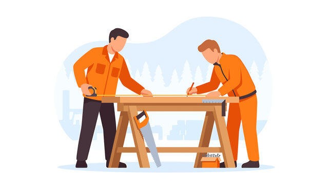 Carpenters Measuring Wood Plank Together for Construction Project