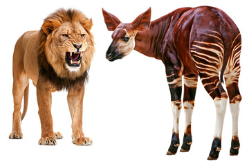 Naklejka premium Lion okapi side by side animal comparison photo