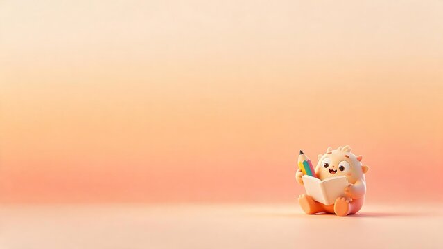 Lovable 3D cute monster mascot holding pencil and notebook with pastel peach copy space.