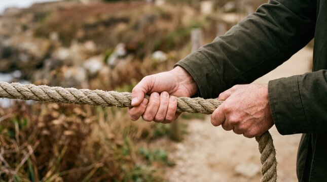 Close up of male hands holding thick rope tightly, tug of war game, strength and power, competition, teamwork, determination, outdoor activity, physical exercise, challenge