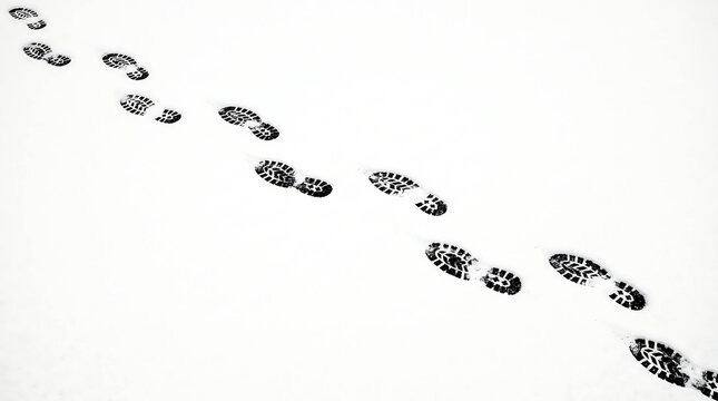 Minimalist boot footprints in fresh white snow, trail of shoe prints on winter ground, path of human steps in snowy landscape